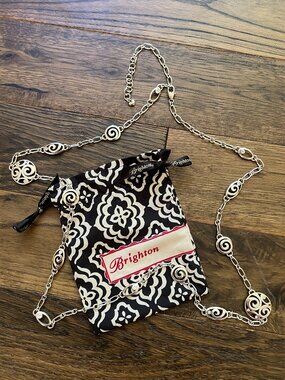 Brighton Long Silver Necklace Spirals Waves with Clear Crystals 42in Adjustable